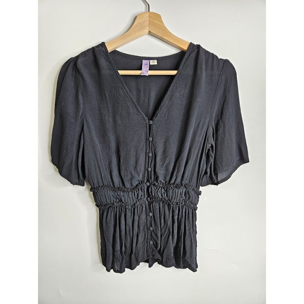 Francescas Alya Top 100% Viscose Smocked Waist Button Up Shirt Blouse XS Black